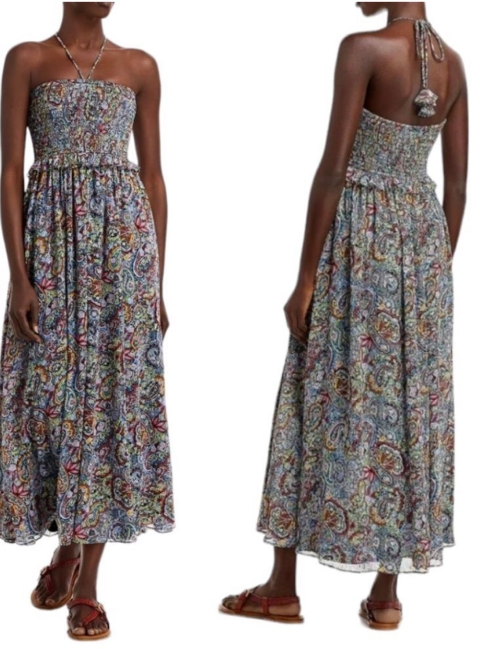 AQUA Metallic Paisley Midi Dress XS Smocked Ruffled Tie Back Tassel Halter NEW!